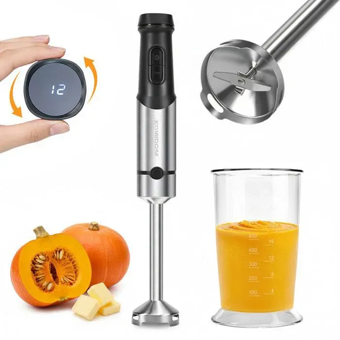Mixeur Plongeant 1200W Noir - Pied Acier Inoxydable - 12 Vitesses + Turbo - Gobelet 800 ml - Nettoyage Facile