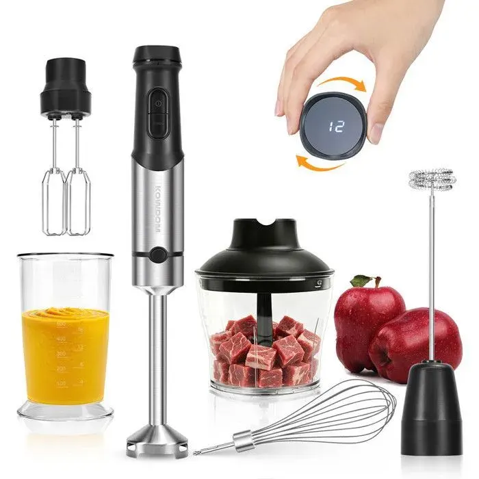 Mixeur Plongeant 1200W - Pied Acier Inoxydable - Ensemble avec Hachoir 600ml Mousseur à Lait & Gobelet 800ml - 12 Vitesses + Turbo — coloris Noir
