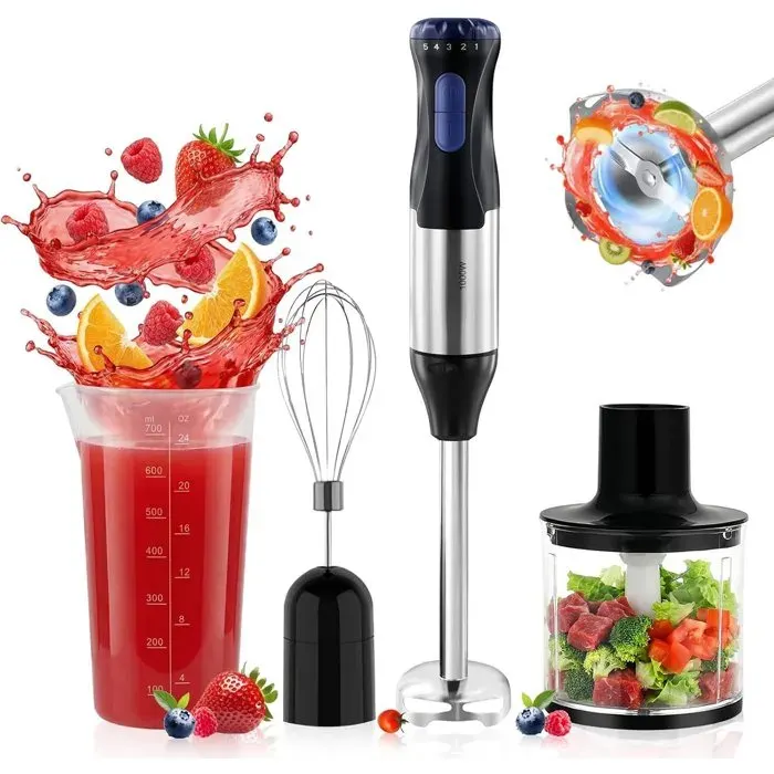 Mixeur Plongeant - 4 en 1 1000W 5Vitesse Réglable avec Fouet Hachoir de 500mlet Doseur 700ml pour Purées Soupes&Smoothies — coloris Noir