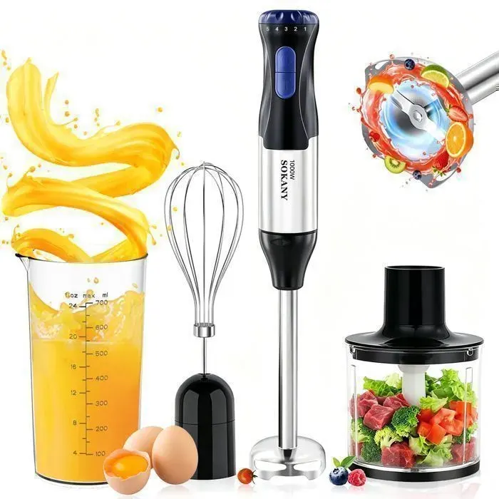 Mixeur Plongeant 4 en 1 1000W - Blender à Main Multifonction Pied Inox avec Hachoir Fouet et Verre Doseur 5 Vitesses