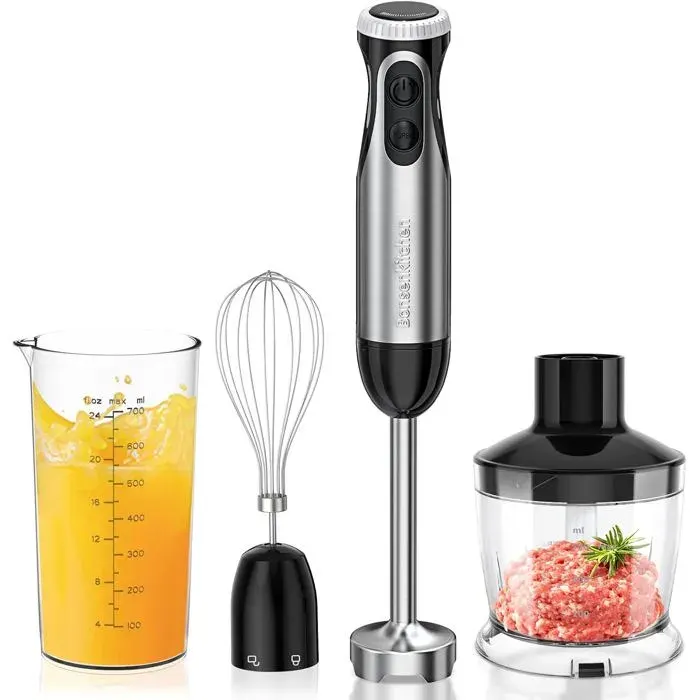 Mixeur plongeant 4-en-1 1000W vitesse progressive pied inox fouet + hachoir 500 ml + verre doseur 700 ml noir