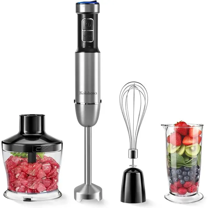 Mixeur plongeant 4-en-1 1500W 25 vitesses + turbo fouet + hachoir 500 ml + verre doseur 700 ml sauces soupes bébé