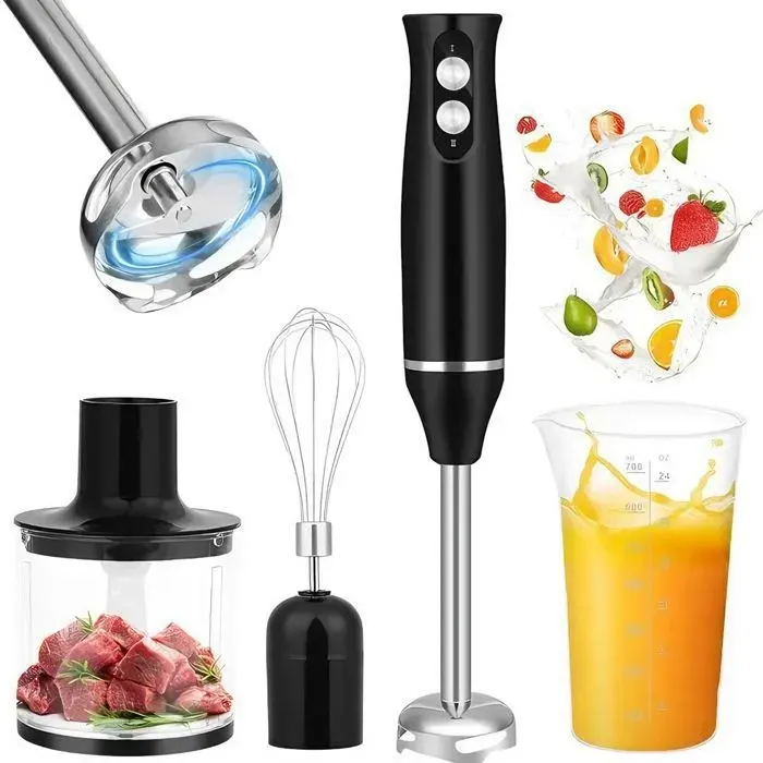 Mixeur Plongeant - 4 en 1 500W avec 2 Vitesses Inclus Fouet Hachoir & Doseur Idéal pour Purées Soupes & Smoothies