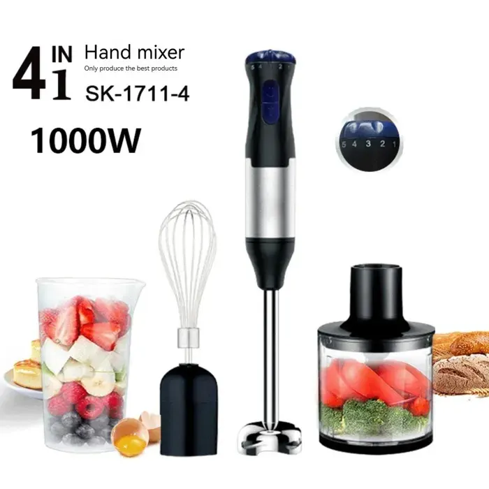 Mixeur plongeant 4 en 1 - Mixeur Plongeant 1000W 5 vitesses réglables Sans BPA 36-45db Hachoir Fouet Mixeur pour Alimentaire