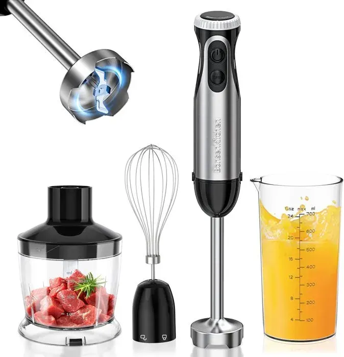 Mixeur Plongeant 4-En-1 Mixeur Plongeur Multifonction 1000W 20 Vitesse Réglable Avec Fouet Hachoir De 500Ml Et Verre Doseur 700