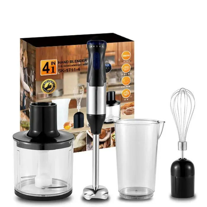 Mixeur Plongeant 4-en-1 Multifonction 1000W 5 Vitesses avec Fouet Hachoir de 500ml et Verre Doseur 700 ml Robot de Cuisine