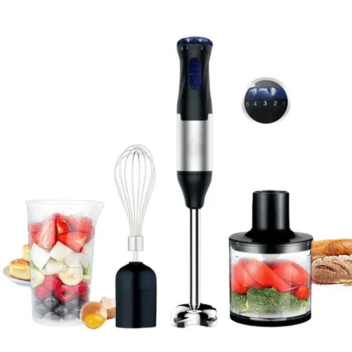 Mixeur Plongeant 4 en 1 Multifonction 1000W avec 5 Vitesses Réglables Pied en Acier Inoxydable Bol Hachoir 500ml Gobelet 700ml