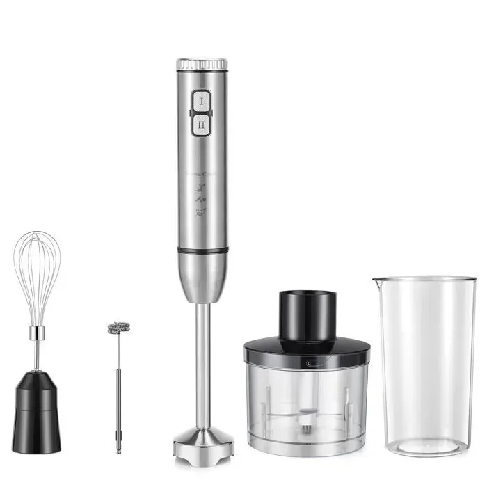 Mixeur Plongeant 4-en-1Le Multitool de la Cuisine avec Presse-Agrumes et Batte à Mousse au Lait Offerte
