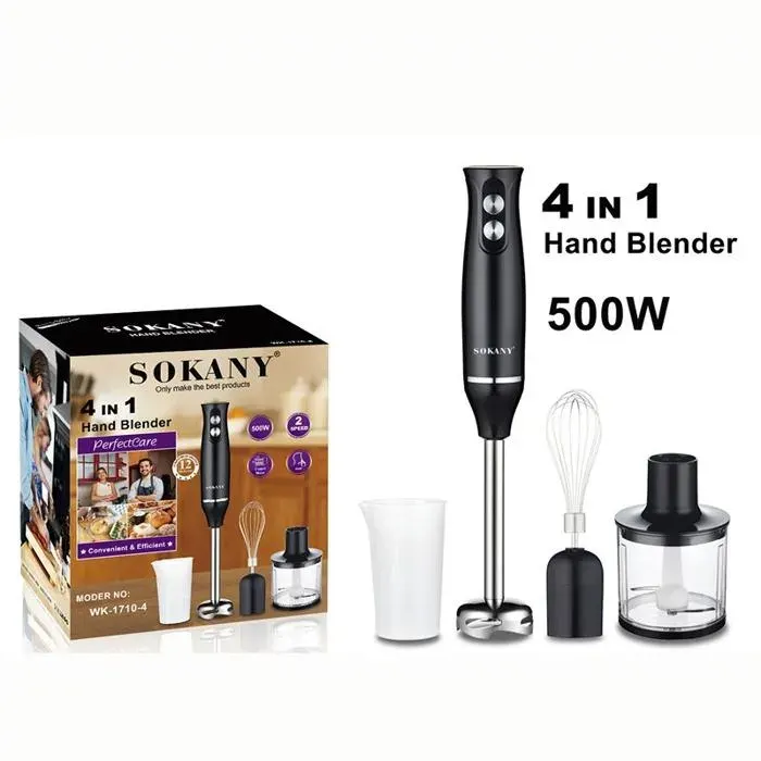 Mixeur Plongeant 500W Multifonction 4en1 avec Fouet Hachoir de 500ml et Verre Doseur 700 ml Lames en Acier Inoxydable