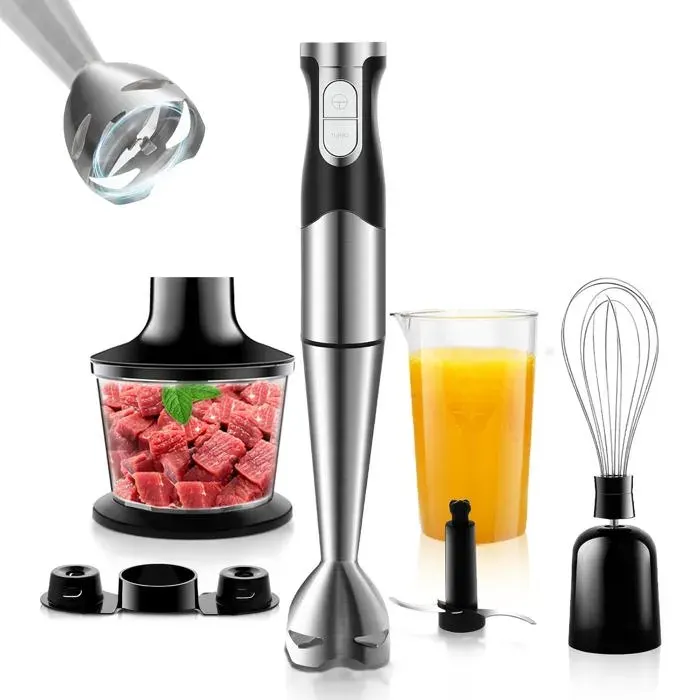 Mixeur plongeant 6 en 1 1200W lames inox turbo hachoir fouet verre doseur viandes légumes crème — coloris Argent