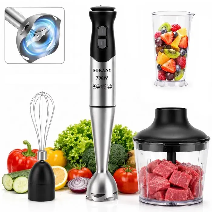 Mixeur Plongeant 700W Vitesse Réglable Mélangeur à Main Multifonction Lames acier inoxydable 304 tasse à mesurer hachoir fouet