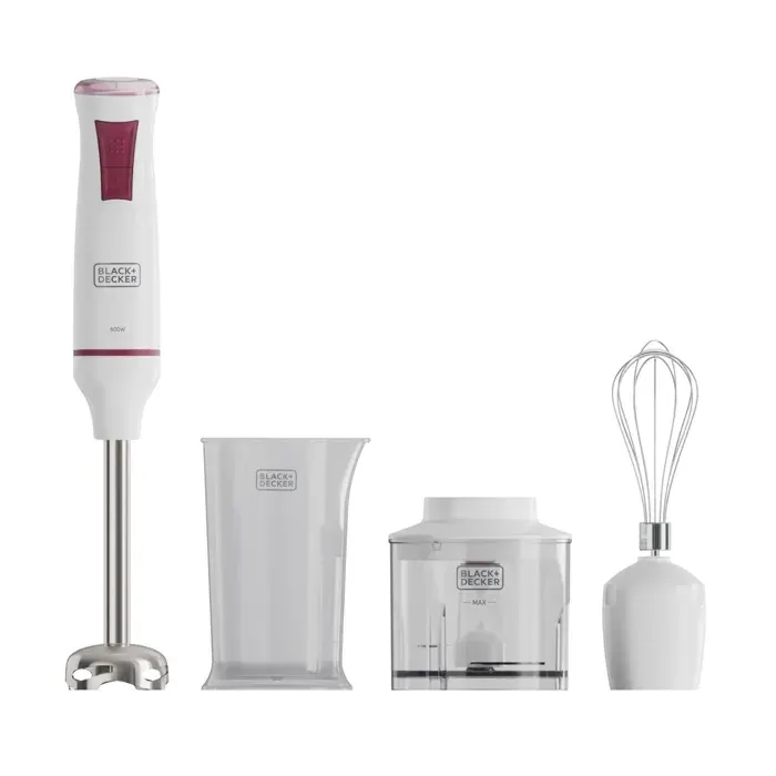 Mixeur plongeant - Black Decker - 600W - 20 vitesses - Turbo - Lames inox - Anti-éclaboussures - Sans BPA - Rouge Blanc
