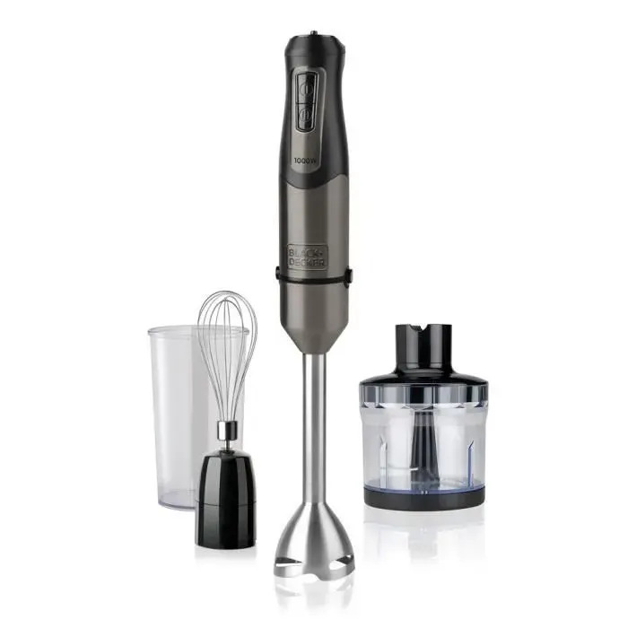 Mixeur plongeant - BLACK + DECKER - BXHBA1000E - 1000W - 20 vitesses - Fonction Turbo - 3 en 1 - Verre doseur inclus