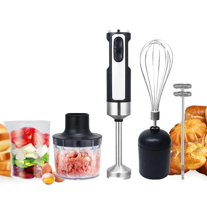 Mixeur Plongeant électrique 5-en-1 Mélangeur à Main Multifonction Vitesse Réglable avec Fouet Hachoir de 150ml Verre Doseur 100