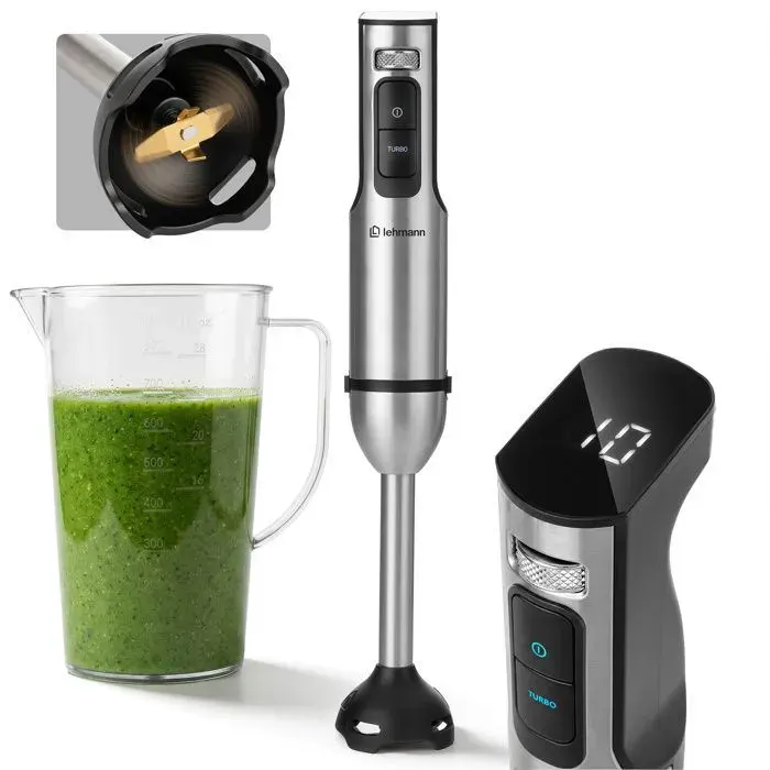Mixeur Plongeant Lehmann Selecto Essential 2000W 12 Vitesses + Turbo Gobelet 800 ml 16500 tr/min pour Smoothies Soupes Sauces