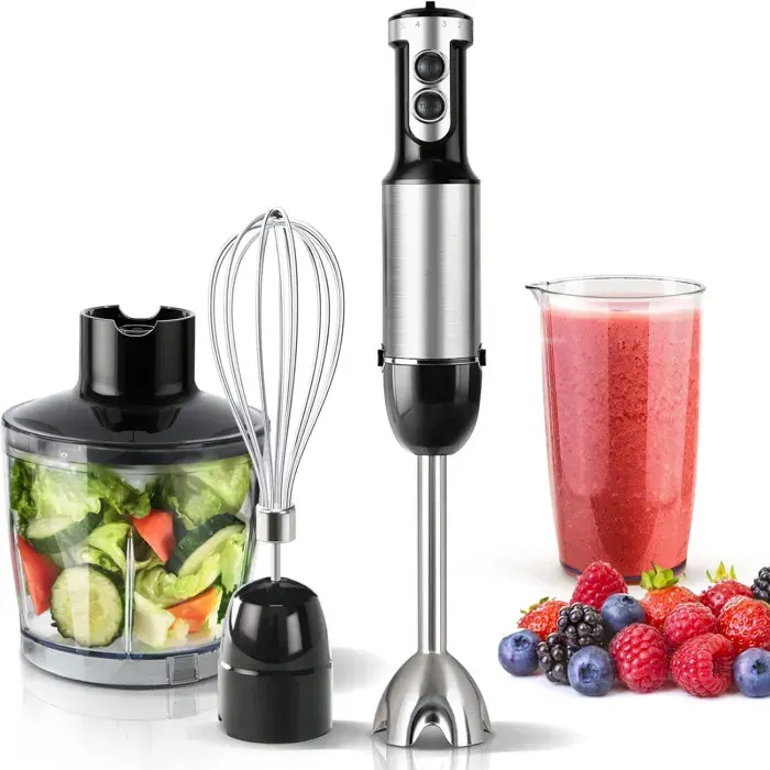 Mixeur Plongeant Multifonction - 1000W - 12 vitesses et mode turbo - avec Fouet Hachoir et Doseur - Acier inox 304