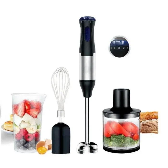 Mixeur Plongeant Multifonction 4 en 1 1000WRobot de Cuisine 5 Vitesses + Turbo Hachoir de 500ml Récipient Doseur de 700ml Fouet