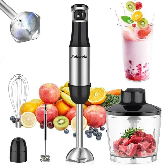 Mixeur Plongeant Multifonction 4-en-1 800W - Réglage sans palier à 5 Vitesses - Mixeur/Fouet/Mousseur/Hachoir - Acier inox 304