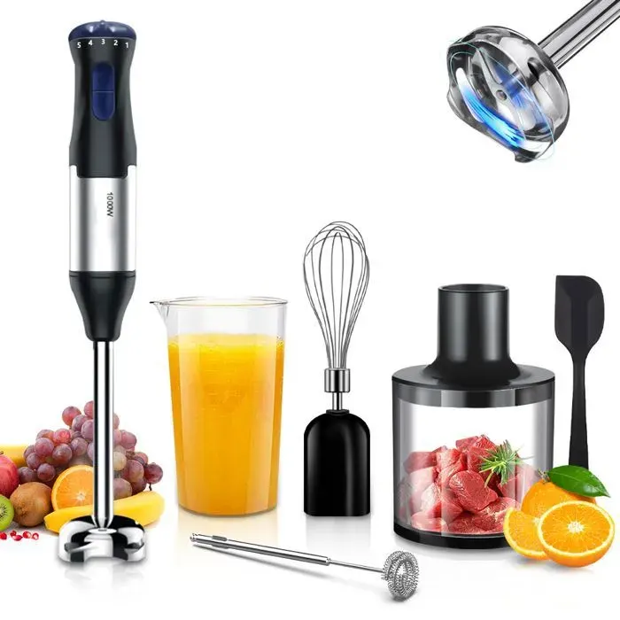 Mixeur Plongeant Professionnel 1000W 6 en 1 Mixeur Blender Électrique 5 Vitesses avec Fouet Hachoir Presse Puree et Verre Doseur