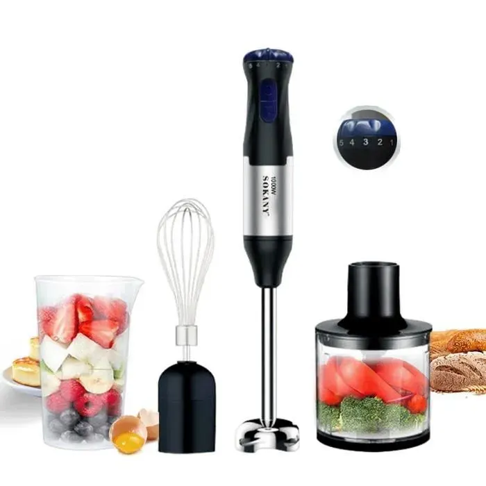 Mixeur Plongeant - PRUMYA - En Acier Inoxydable Noir - 1000 W - 5 Commandes de Vitesse