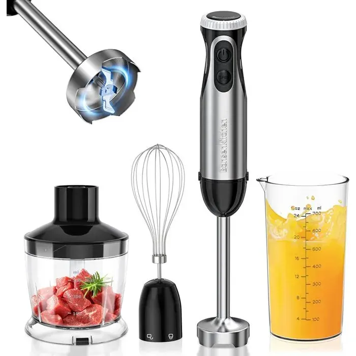 Mixeur Plongeant4-en-1 Mixeur Plongeur Multifonction 1000W20 Vitesse Réglableavec FouetHachoir de 500ml et Verre Doseur 700 ml