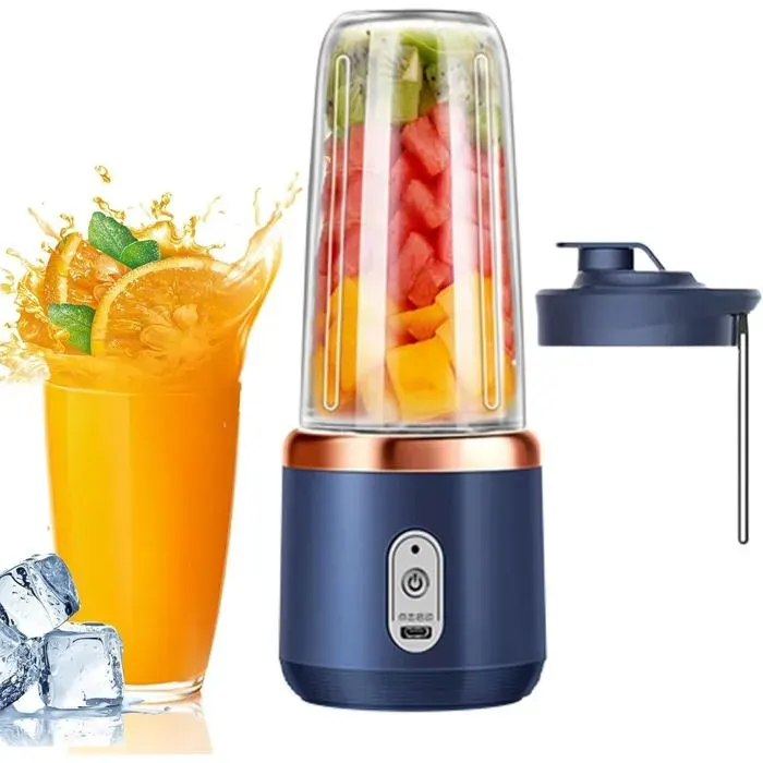 Mixeur portable 14 Oz Mixeur à smoothies portable Blender Électrique Multifonctionnel avec Couvercle & 6 Lames Bleu