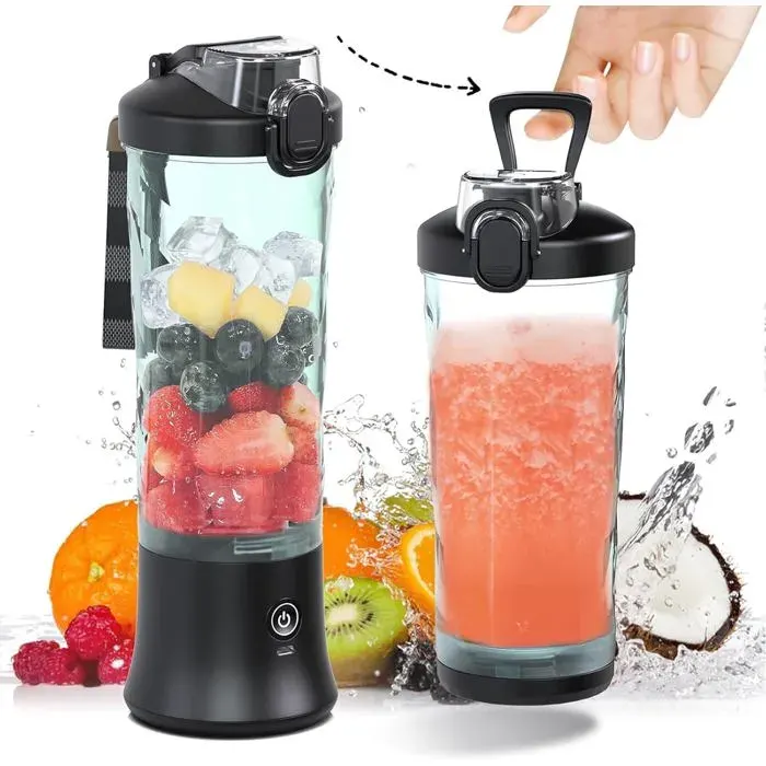 Mixeur portable 600ml avec 6 lames pour milkshakes et smoothies idéal pour les voyages la maison le camping et le fitness-noir