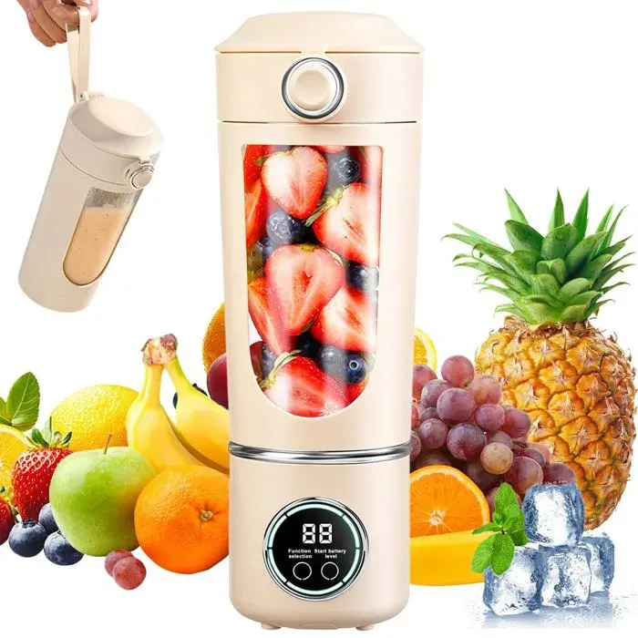 Mixeur portable 700 ml 12 lames écran LED rechargeable USB - beige voyage/cuisine Meoiruery