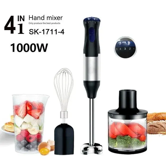 Mixeur professionnel 4 en 1 - 1 000 W - Acier inoxydable - Silencieux 36 dB - Appareil de cuisine haute performance