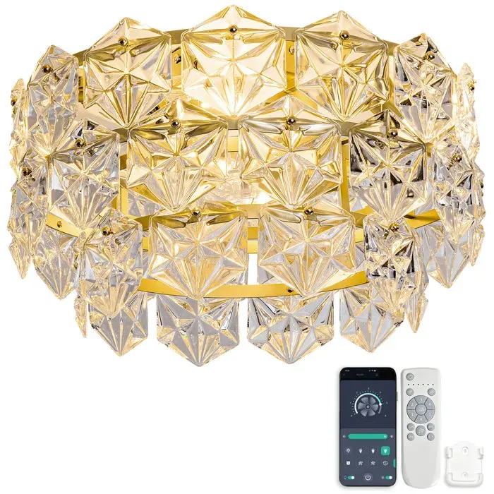 Modenuit plafonnier ventilateur 19 pouces en cristal doré 6 vitesses réversible application Bluetooth et télécommande