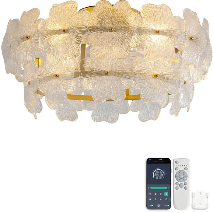 Modenuit plafonnier ventilateur 19 pouces en verre effet cristal et métal doré 6 vitesses télécommande