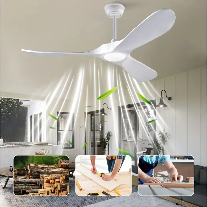 Modenuit Ventilateur de plafond 52 pouces avec lumière LED télécommande 3 pales bois blanc 6 vitesses