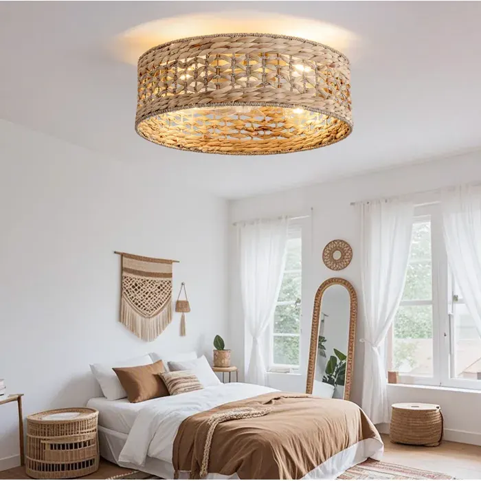 Modenuit Ventilateur de plafond avec plafonnier en rotin 6 vitesses télécommande et commande via application