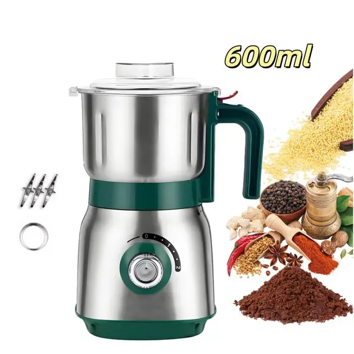Moulin à café 600 ml Moulin à Grains Électrique 500W Broyeur humide et sec Acier inox Commande par bouton pour Noix Épices etc