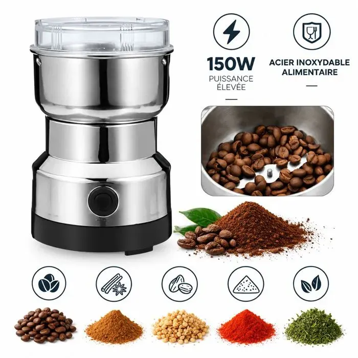 Moulin à café électrique – Lames inox 4 branches transparent – Pour grains épices noix secs – Noir