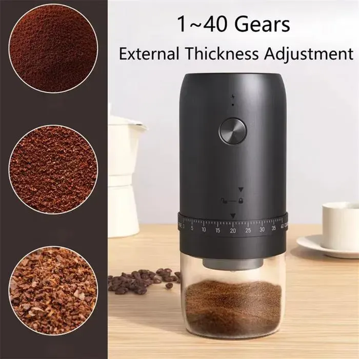 Moulin à Café Électrique Portable 40 Vitesses Réglables Démarrage à un Bouton Broyeur à Grains Rechargeable par USB Mélangeur DExt