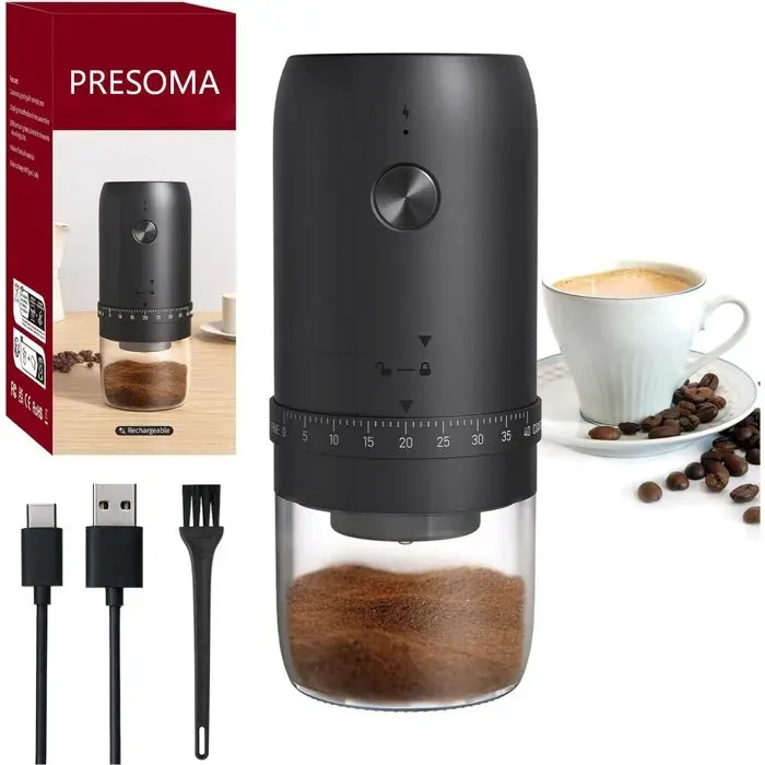 Moulin à Café Électrique，Rechargeable USB Contrôle Intelligent à Une Touche Démontable et Facile à Nettoyer
