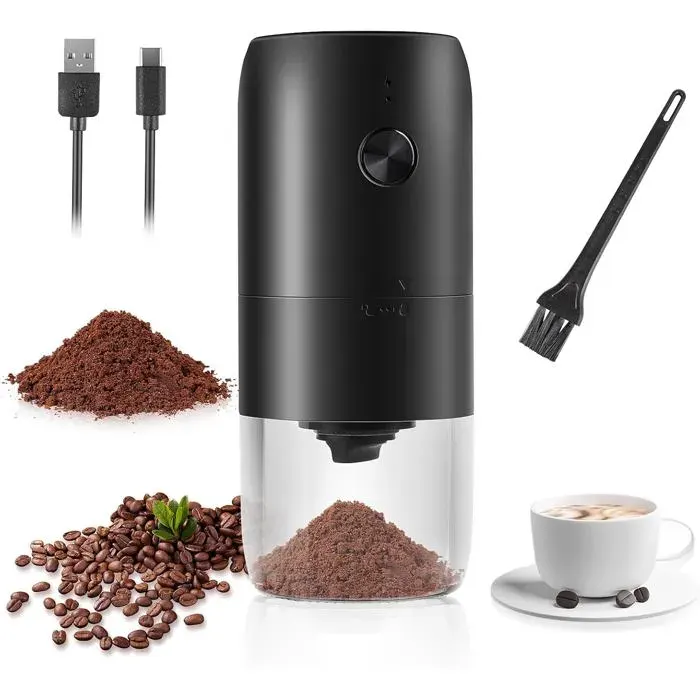 Moulin à Café Électrique USB Rechargeable Moulin à Café avec Meule en Céramique et Brosse Coffee Grinder Rugosité réglable Broyeur