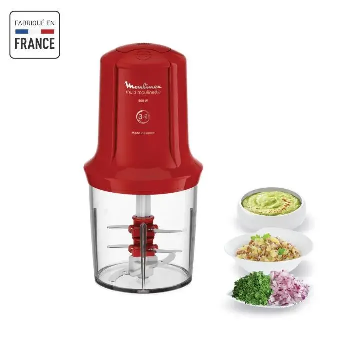 MOULINEX Multimoulinette Mini hachoir électrique 500 ml 6 lames acier inoxydable 2 vitesses Mixeur Fabriqué en France AT714G32
