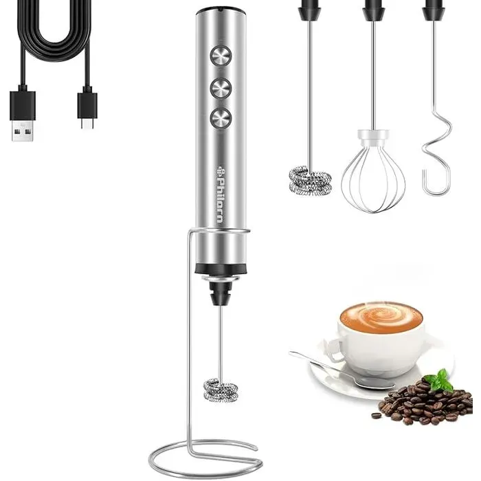 Mousseur à café rechargeable avec support baguette mousseuse à main pour café avec 3 têtes 3 vitesses mélangeur MOUSSEUR A LAIT