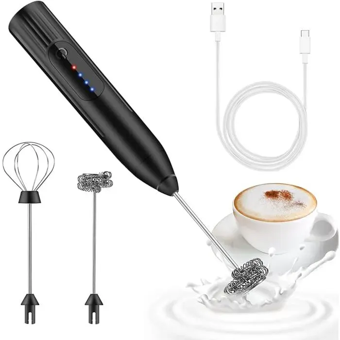 Mousseur à électrique USB Rechargeable3 Vitesses Petit Mixeur avec 2 têtes Fouet MatchaCafé et Portable Noir noi MOUSSEUR A LAIT