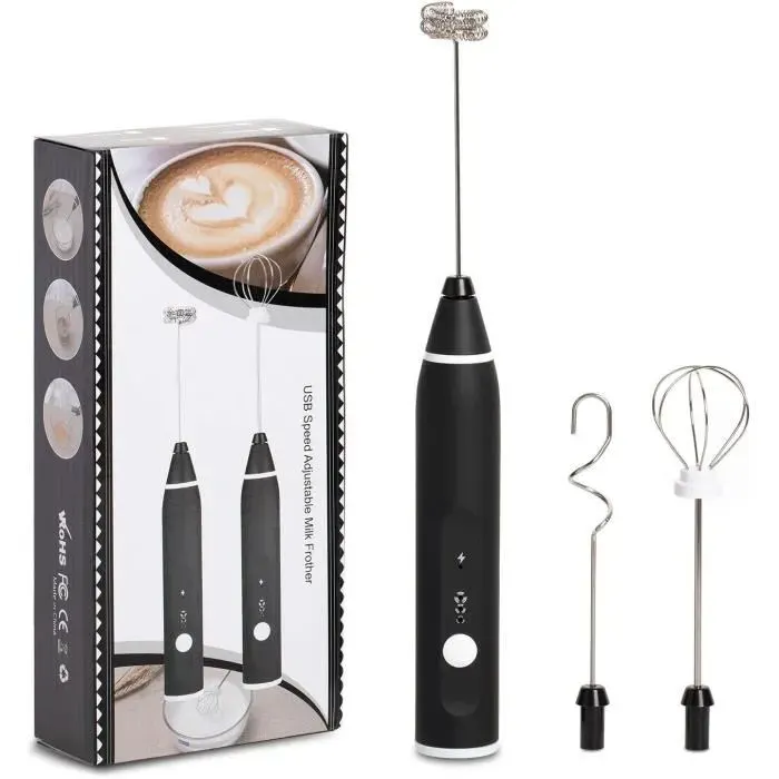 Mousseur à Lait - AMOUNE - 3en1 - USB Rechargeable - Trois Vitesses - Noir