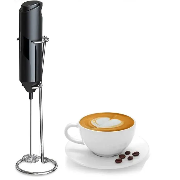 Mousseur à lait avec support mélangeur de boissons portable pour latte cappuccino matcha et chocolat chaud (noir)