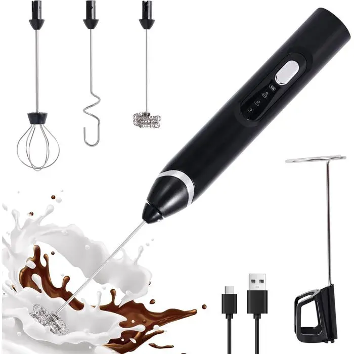 Mousseur à lait électrique 3 vitesses - Mousseur à lait portable pour café et thé avec 3 têtes de mélange détachables - Noir