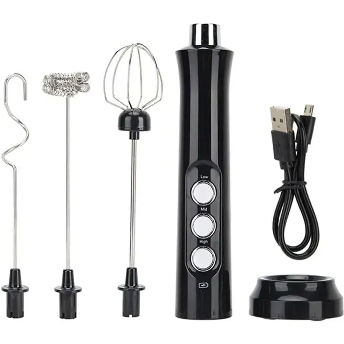 Mousseur à Lait Électrique 3 Vitesses Réglable Batteur à Œufs USB Rechargeable avec 3 Fouet Tête Agitation Mini Acier Inoxydable