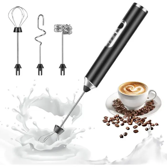 Mousseur à lait électrique - avec 3 têtes de mélange - 3 vitesses - rechargeable - convient pour le café le latte et le cappuccino