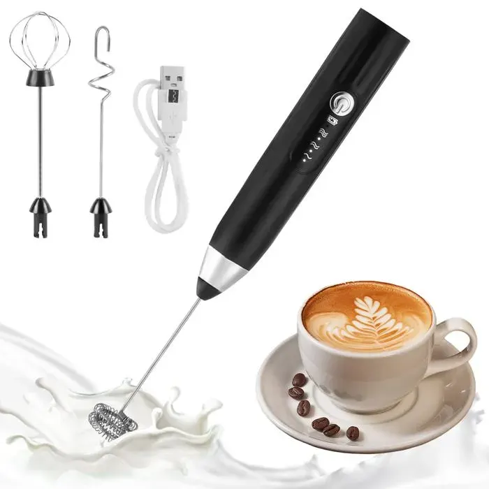 Mousseur à Lait Électrique Mousseur a Lait USB Rechargeable avec 3 Têtes dAgitation Mini Fouet 3 Vitesses Réglables Mini Batteur