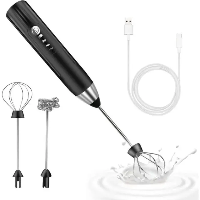 Mousseur à Lait Électrique,Mousseur de Lait Rechargeable USB et Mini Fouet Electrique Mélangeur Acier Inoxydable pour Café Noir
