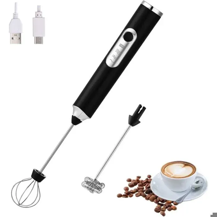 Mousseur à lait électrique portable – 2 fouets remplaçables en acier inoxydable – 3 vitesses jusquà 10000 tr/min – USB rechargeable