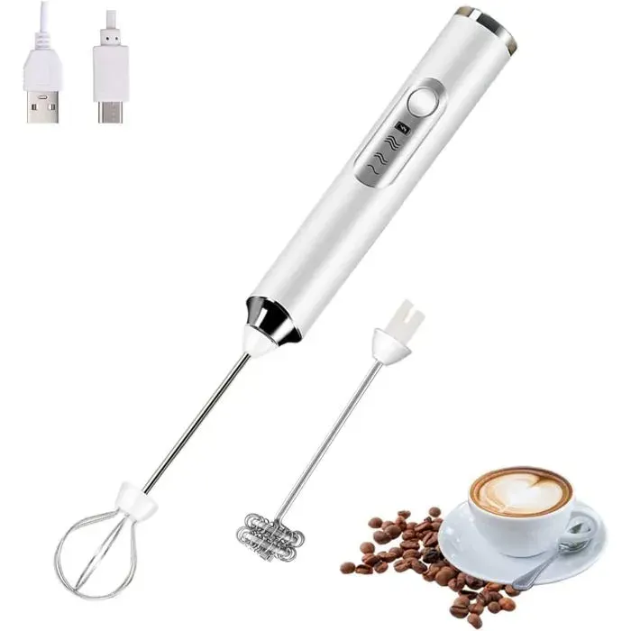 Mousseur à lait électrique portable avec 2 têtes fouet mélangeur à mousse avec USB rechargeable 3 vitesses mélangeur (Blanc)
